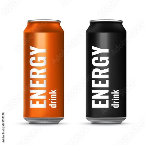 A set of energy drinks in tin cans. Summer cooling drinks. Vector 3d illustration