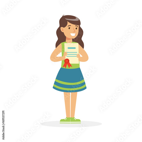 Happy girl holding her excellent report card cartoon vector Illustration