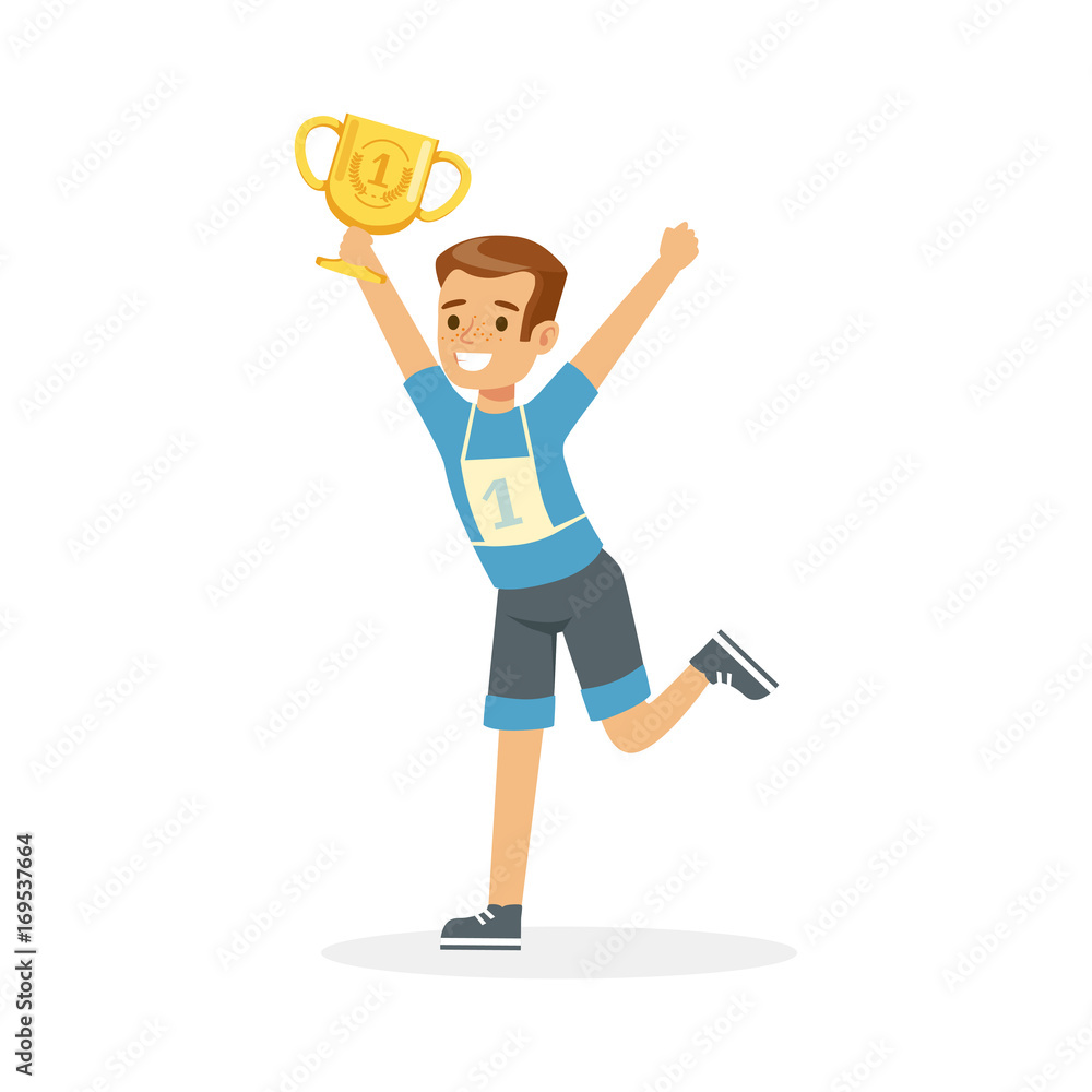 Young happy athletes boy running with winner cup, kid celebrating his victory cartoon vector Illustration Young happy athletes boy running with winner cup, kid celebrating his victory cartoon vector Illustration