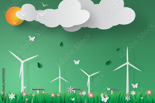 Paper art of Green Wind Turbine Solar Energy Panel World Environment Day,vector,illustration