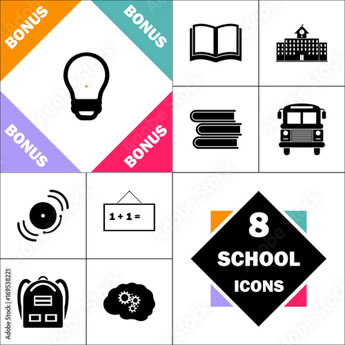 Led Bulb Icon and Set Perfect Back to School pictogram. Contains such Icons as Schoolbook, School  Building, School Bus, Textbooks, Bell, Blackboard, Student Backpack, Brain Learn