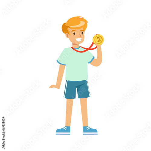 Young boy with a first place medal, kids individual sport cartoon vector Illustration