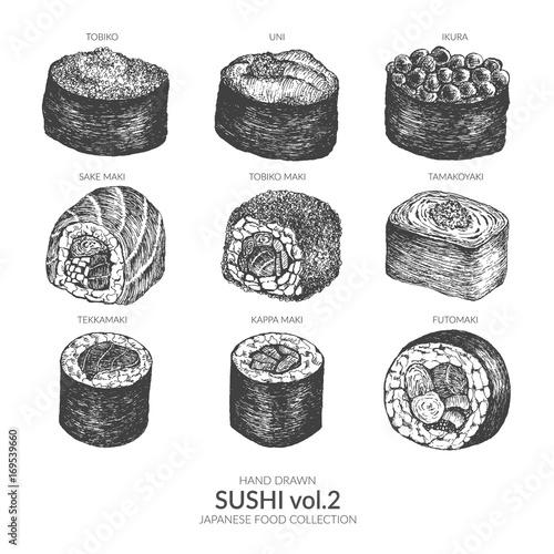 Set of sushi. Hand drawn with ink and pen. Vintage black and white illustration. Japanese food vector element.