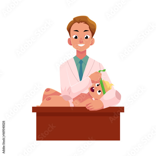 Young man doctor, pediatrician measuring baby, infant head, cartoon vector illustration isolated on white background. Male doctor, pediatrician checking baby head size with measuring tape