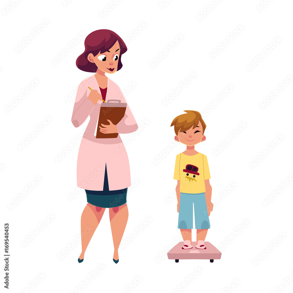 Young woman doctor, pediatrician measuring weight of boy child, kid, cartoon vector illustration isolated on white background. Cartoon woman doctor, pediatrician and boy, kid standing on weight scale Young woman doctor, pediatrician measuring weight of boy child, kid, cartoon vector illustration isolated on white background. Cartoon woman doctor, pediatrician and boy, kid standing on weight scale