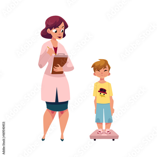 Young woman doctor, pediatrician measuring weight of boy child, kid, cartoon vector illustration isolated on white background. Cartoon woman doctor, pediatrician and boy, kid standing on weight scale