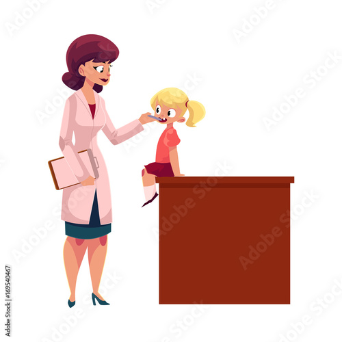 Young woman doctor, pediatrician, otolaryngologist checking little girl throat, cartoon vector illustration isolated on white background. Doctor pediatrician, otolaryngologist checking girl throat