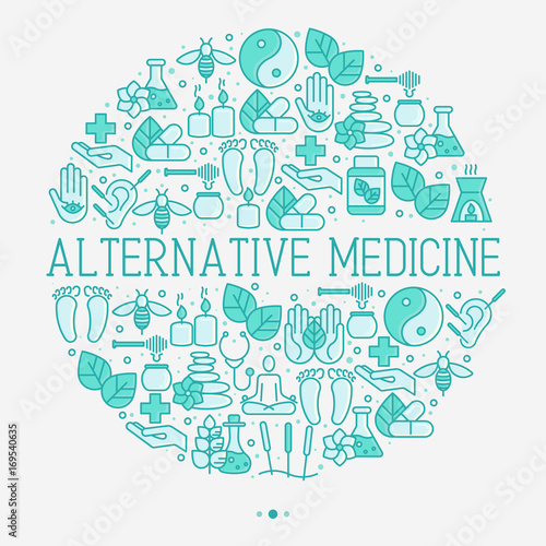Alternative medicine concept in circle with thin line icons. Vector illustration of banner, print media or web site for yoga, acupuncture, wellness, ayurveda, chinese medicine, holistic center.