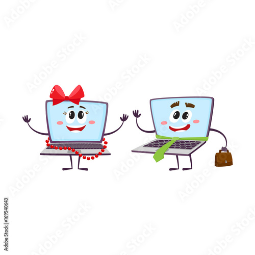 vector flat cartoon funny laptop humanized female girl character wearing red bow and beards smiling and notebook male with handbag and necktie. Isolated illustration on a white background.