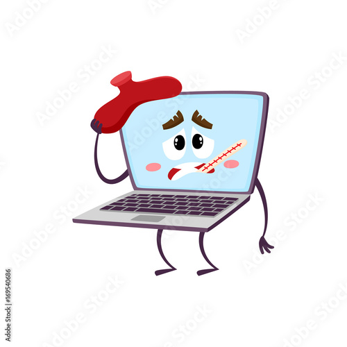 vector flat cartoon funny laptop humanized male character with arms, legs and face holding termometer in mouth, suffering from headache . Isolated illustration on a white background.