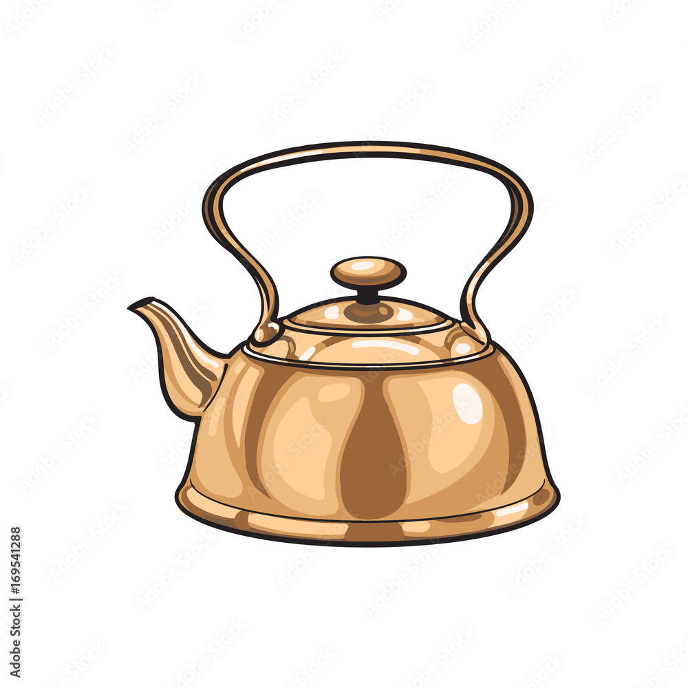vector metal bronze kettle, teapot sketch cartoon isolated illustration on  a white background. Kitchenware equipment utensil objects concept Stock  Vector | Adobe Stock
