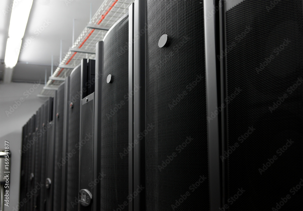 Computer Server in rack server. Door handles and grille closeup in data center Computer Server in rack server. Door handles and grille closeup in data center