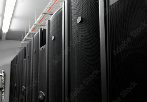 Computer Server in rack server. Door handles and grille closeup in data center