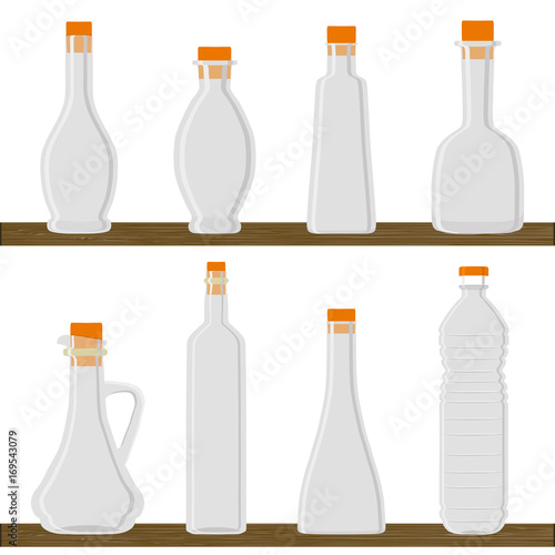 Abstract vector illustration logo for set blank templates of empty, clean transparent containers, bottle with cap for oil.