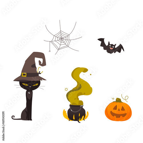 Halloween objects - black cat in witch pointy hat, spider web, pumpkin lantern, cauldron on fire, cartoon vector illustration isolated on white background. Cartoon set of Halloween objects
