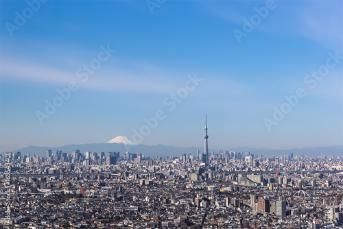 Photography Tokyo city view , Tokyo sky tree with Tokyo downtown building and Winter Mountai