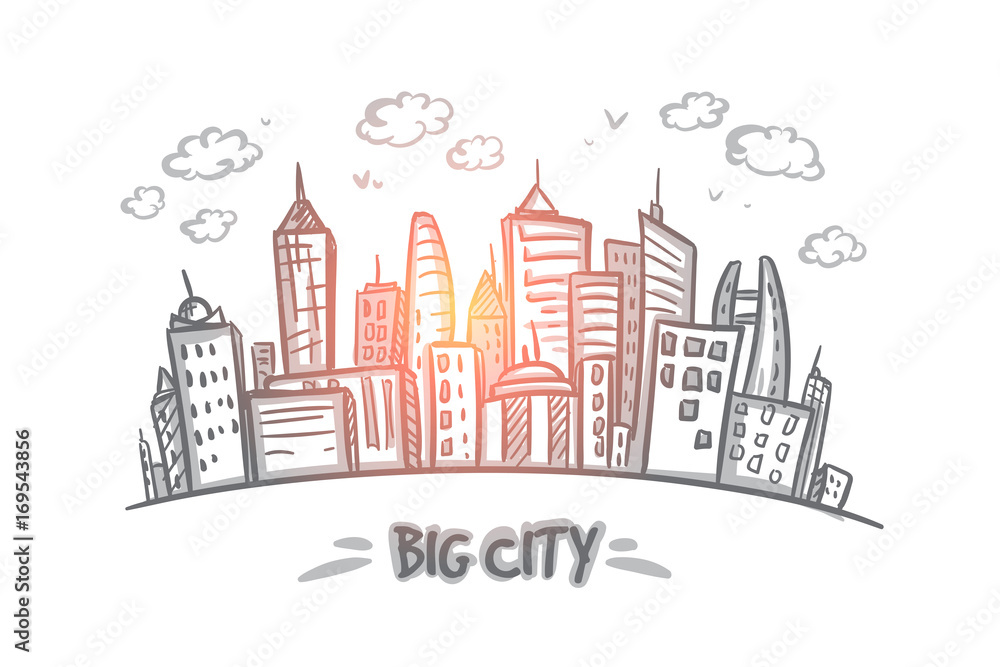 Big city concept. Hand drawn big city full of skyscrapers. Modern buildings isolated vector illustration.