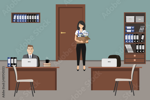 Office room in a blue color. Man is sitting at a table, a yong woman is standing with a box of stationery near the door. There is brown furniture and white chairs in the picture. Vector illustration.