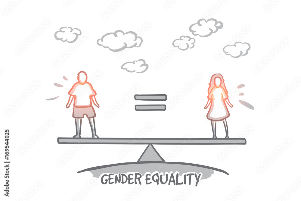 Gender equality concept. Hand drawn male equals female. Equality between man and woman isolated vector illustration.