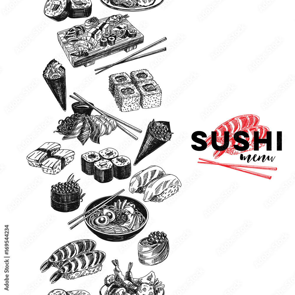 Fototapeta Vintage vector hand drawn Japanese food sketch Illustration.