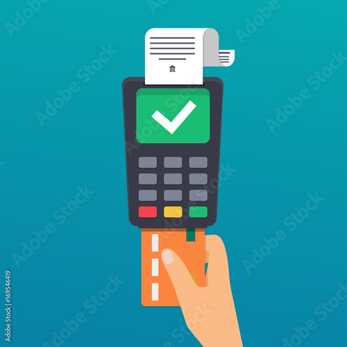 Payment. Hand holding credit card. Illustration of wireless payment by credit card. Flat design modern vector illustration concept.
