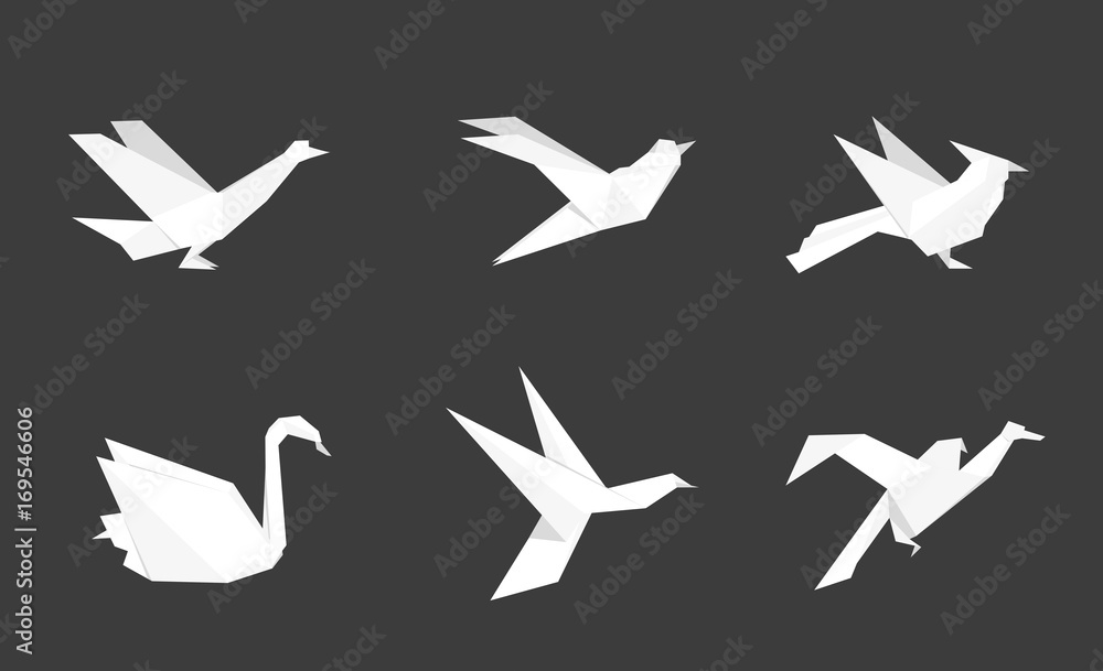 Origami birds made of white paper. Set of vector illustrations.