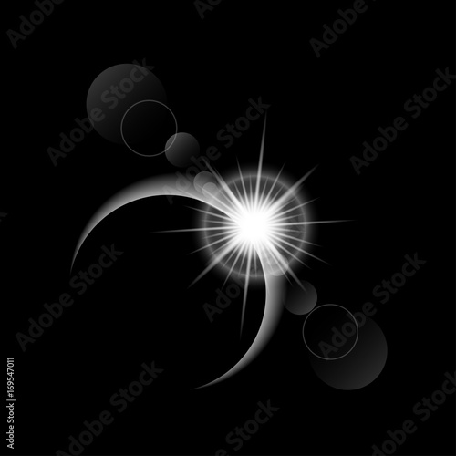 Solar eclipse on black background, Total eclipse with sun rays, Vector illustration
