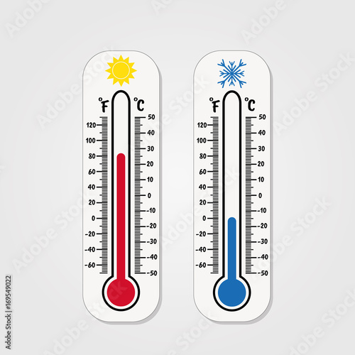 Meteorology thermometers isolated. Cold and heat temperature. Vector illustration. Celsius and fahrenheit