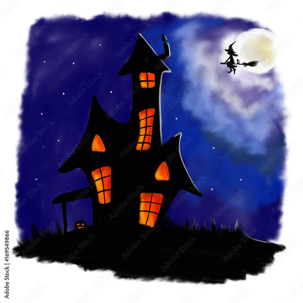 illustrated halloween background scary house on night background with witch and moon