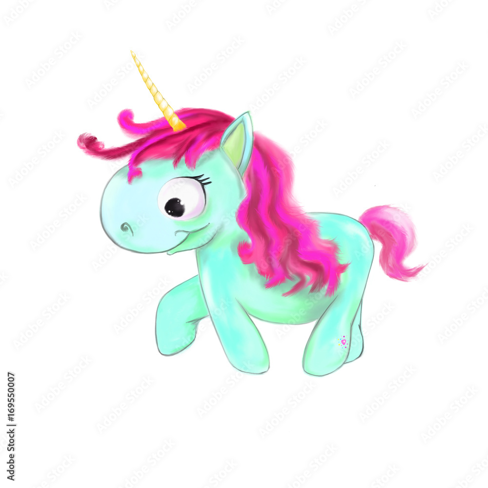 illustrated blue unicorn with pink hair