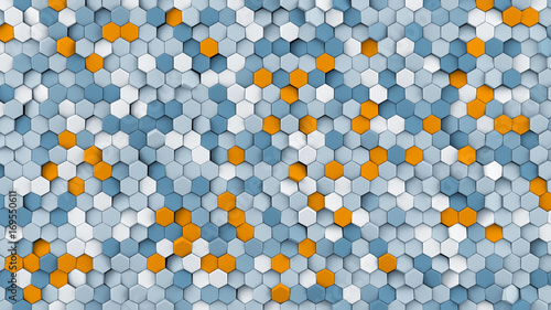 Grey and orange hexagons abstract 3D rendering