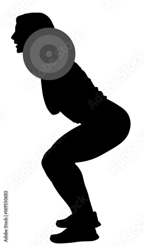 sport, bodybuilding, lifestyle and people concept - young woman with barbell flexing muscles and making shoulder press squat in gym, vector silhouette illustration.