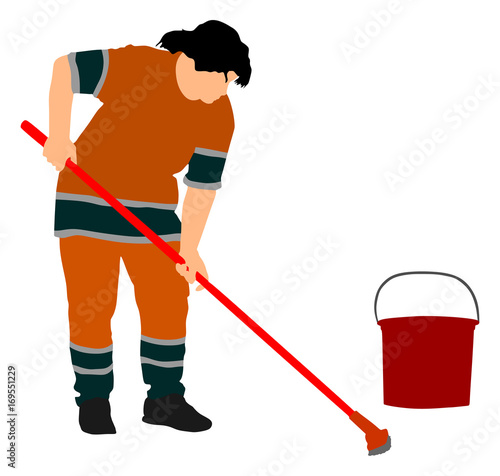 Floor care and cleaning services with washing mop in sterile factory or clean hospital. Cleaning lady service vector illustration.