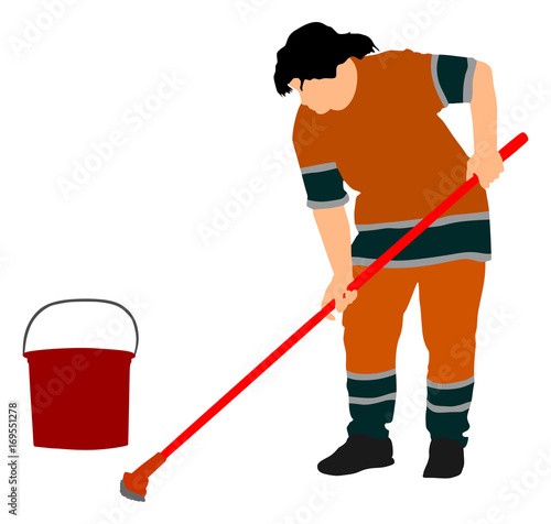 Floor care and cleaning services with washing mop in sterile factory or clean hospital. Cleaning lady service vector illustration.