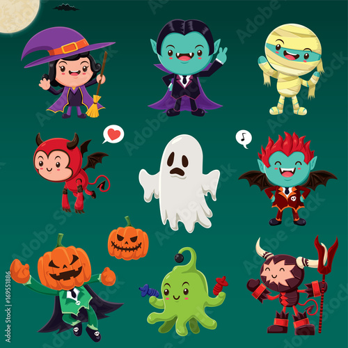 Vintage Halloween poster design with vector demon, witch, vampire, mummy, ghost, alien, monster character. 