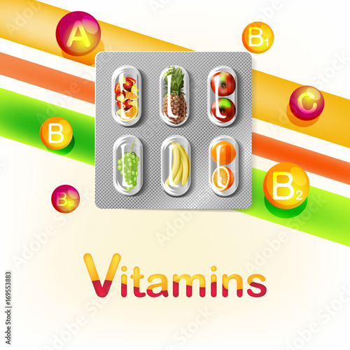 Blister pack of pills with fruit. Vitamins.