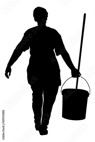 Floor care and cleaning services with washing mop in sterile factory or clean hospital. Cleaning lady service vector silhouette illustration.