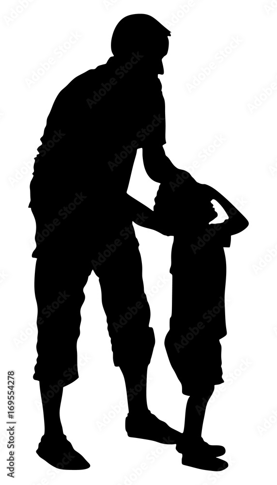 Physiotherapist and kid, boy exercising in rehabilitation center, vector silhouette illustration isolated. Doctor supports the child during physiotherapy treatment. holding hands making first steps.