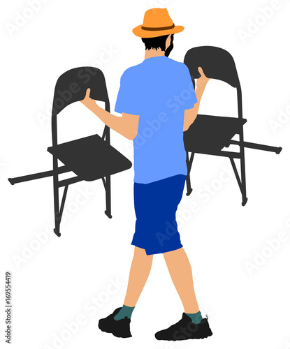 Delivery service moving transport,  worker carrying chairs vector illustration. Handyman job.