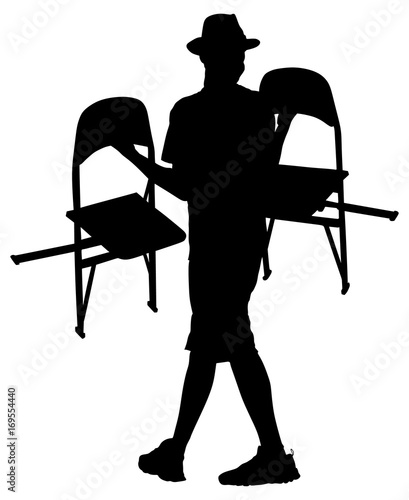 Delivery service moving transport,  worker carrying chairs vector silhouette illustration. Handyman job. Worker moving.