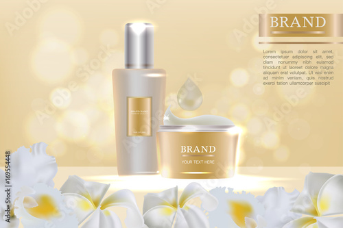 Cosmetic container with advertising background ready to use, white flowers skin care ad. Illustration vector