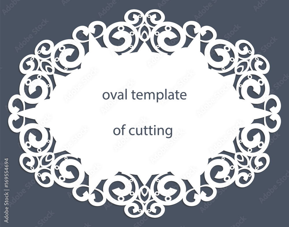 Greeting card with decorative oval border, doily of paper under the cake, template for cutting, wedding invitation, decorative plate is laser cut, vector illustrations. Greeting card with decorative oval border, doily of paper under the cake, template for cutting, wedding invitation, decorative plate is laser cut, vector illustrations.