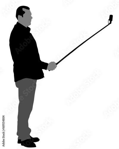 Man taking selfie picture vector illustration isolated on white background. taking selfie - hand hold monopod with mobile phone.