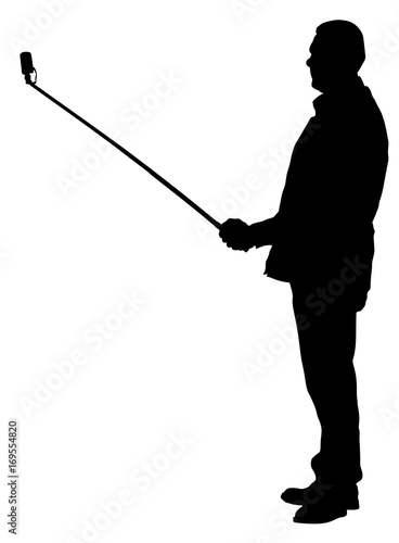 Man taking selfie picture vector silhouette illustration isolated on white background. taking selfie - hand hold monopod with mobile phone.