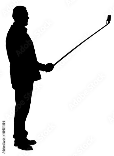 Man taking selfie picture vector silhouette illustration isolated on white background. taking selfie - hand hold monopod with mobile phone.