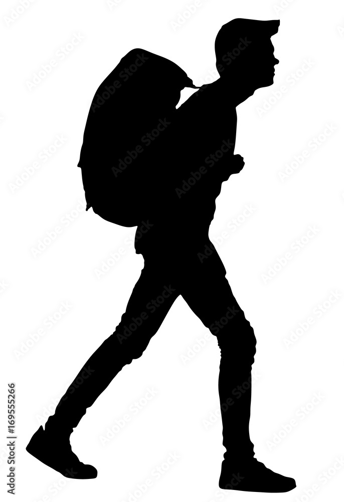 Tourist with backpack vector silhouette illustration isolated on white background. Male passenger walking. Camping man traveling.