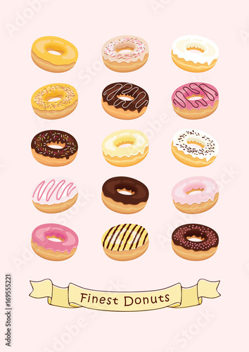Assorted glazed donuts set and pink light background. Vector illustration.