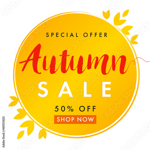 Autumn sale white banner. Autumn sale vector card template with lettering Special Offer 50% off shop now. Fall sale poster, card, label, banner design