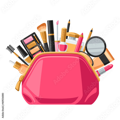 Cosmetics for skincare and makeup in bag. Background for catalog or advertising