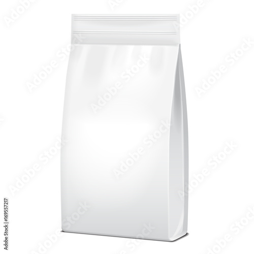 Foil Or Paper Food or Household Chemicals White Bag Packaging. sachet Snack Pouch Food For Animals. Vector mock up